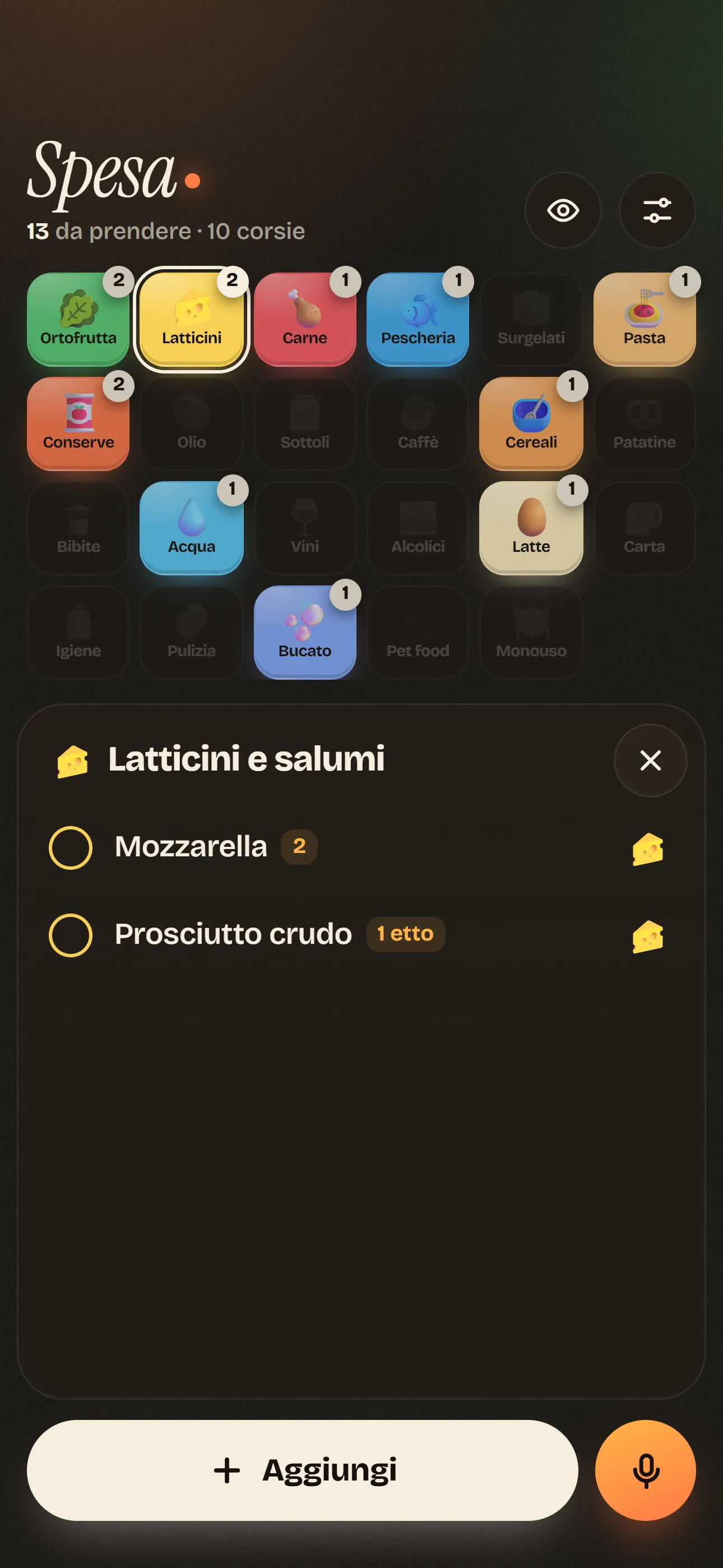 Lista della spesa: Tocchi una corsia e vedi solo quello che serve lì.