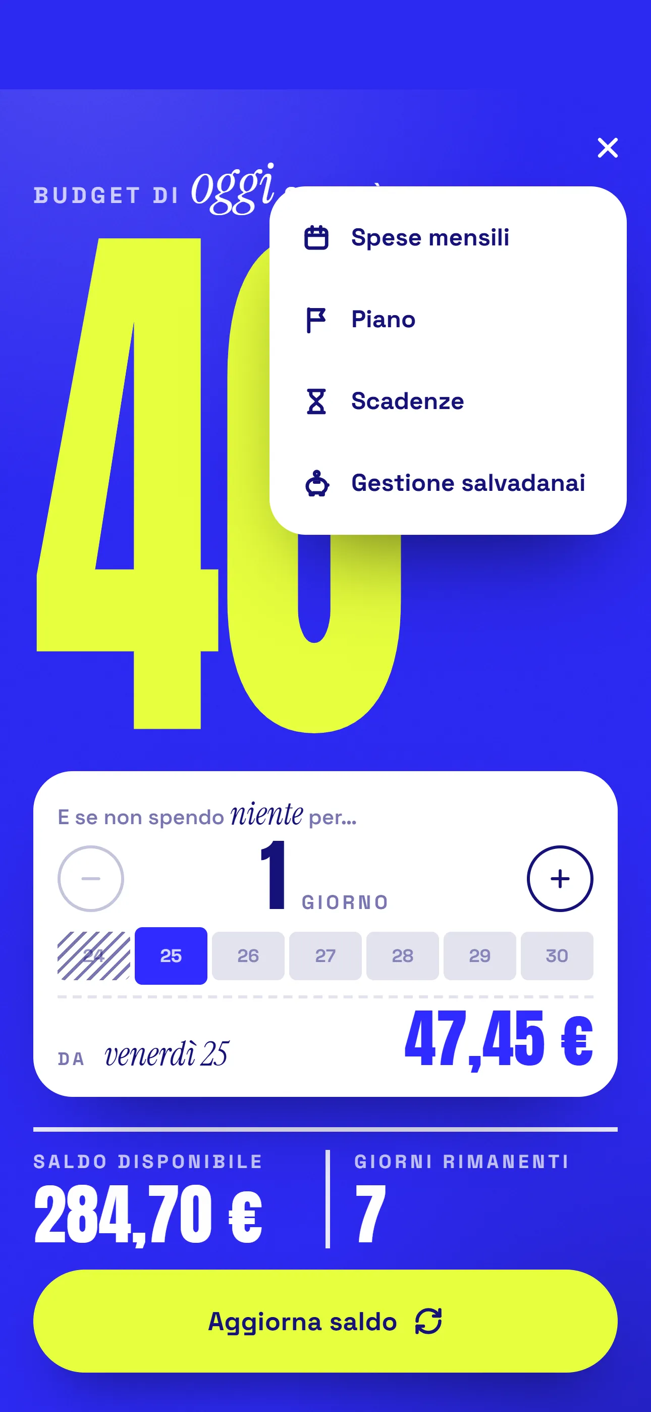 Spese personali: Dal tasto nell’angolo si aprono tutte le sezioni dell’app.