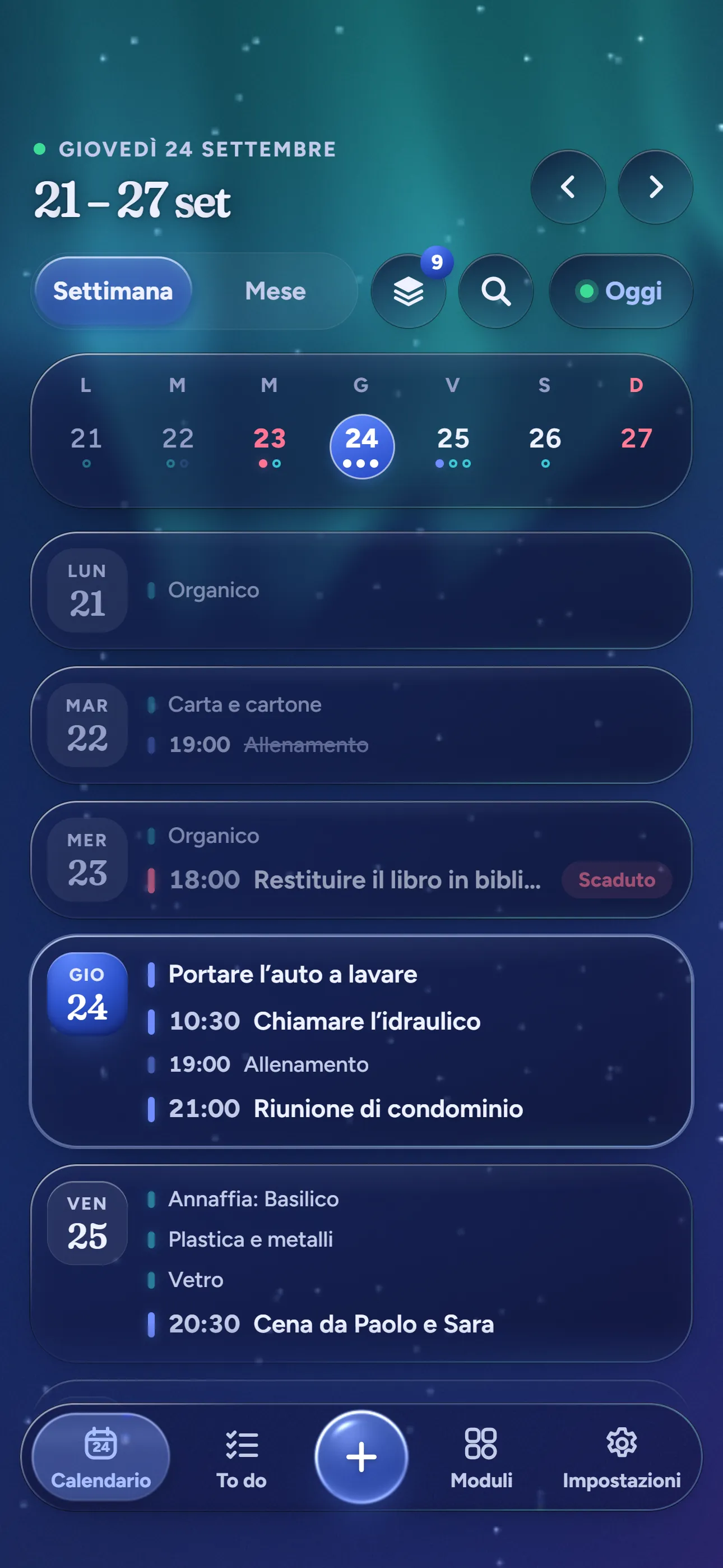Promemoria e scadenze: La settimana giorno per giorno, con il tema scuro.