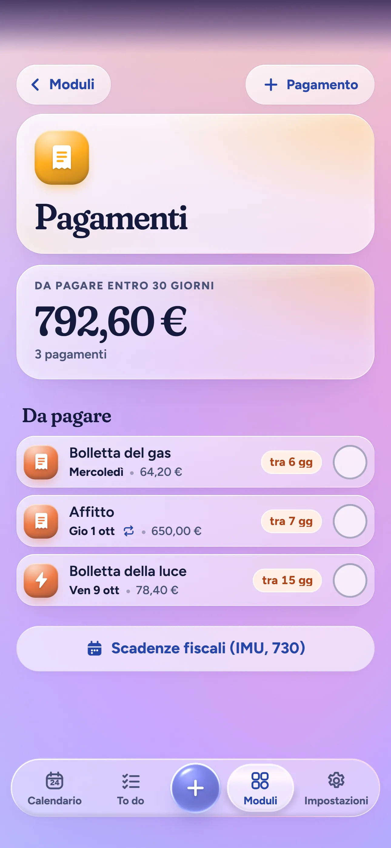 Promemoria e scadenze: Bollette e pagamenti, con il totale da pagare nei prossimi 30 giorni.